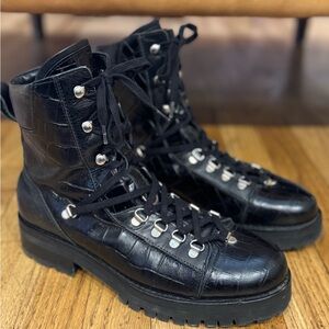 EU Size 40 - All Saints Black Embossed Leather Combat Boots